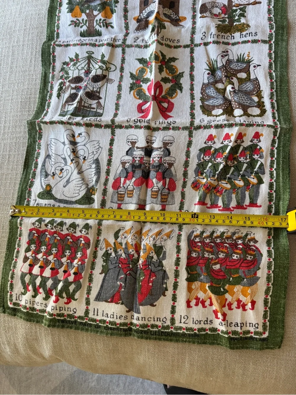 Vintage 12 Days of Christmas Irish Linen Tea Towel - Made in Ireland 1960s-1970s